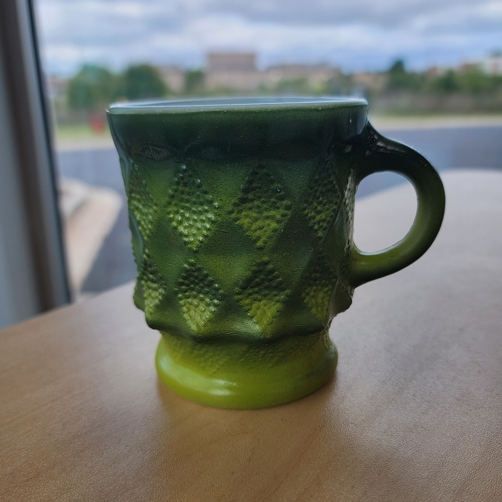 Vintage Anchor Hocking Fire King Mid Century Green Kimberly Diamond Mug Cup